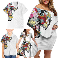 Hawaiian and Japanese Together Family Matching Off Shoulder Short Dress and Hawaiian Shirt Colorful Traditional Japanese Tattoo and Kakau Pattern White Color LT03 - Polynesian Pride