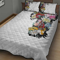 Hawaiian and Japanese Together Quilt Bed Set Colorful Traditional Japanese Tattoo and Kakau Pattern White Color