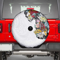 Hawaiian and Japanese Together Spare Tire Cover Colorful Traditional Japanese Tattoo and Kakau Pattern White Color LT03 - Polynesian Pride