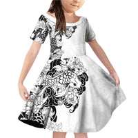 Hawaiian and Japanese Together Family Matching Off Shoulder Short Dress and Hawaiian Shirt Japanese Koi Fish Tattoo and Kakau Pattern White Color LT03 Daughter's Dress White - Polynesian Pride