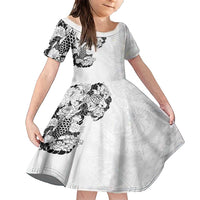 Hawaiian and Japanese Together Family Matching Short Sleeve Bodycon Dress and Hawaiian Shirt Japanese Koi Fish Tattoo and Kakau Pattern White Color LT03 Daughter's Dress White - Polynesian Pride