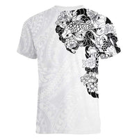 Hawaiian and Japanese Together Women V-Neck T-Shirt Japanese Koi Fish Tattoo and Kakau Pattern White Color