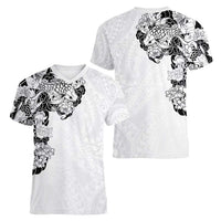 Hawaiian and Japanese Together Women V-Neck T-Shirt Japanese Koi Fish Tattoo and Kakau Pattern White Color
