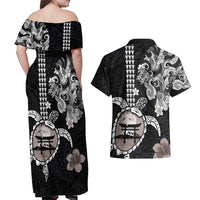 Hawaiian and Japanese Together Couples Matching Off Shoulder Maxi Dress and Hawaiian Shirt Japanese Culture and Turtle Kakau Tattoo Black Color LT03 - Polynesian Pride