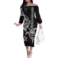 Hawaiian and Japanese Together Family Matching Off The Shoulder Long Sleeve Dress and Hawaiian Shirt Japanese Culture and Turtle Kakau Tattoo Black Color LT03 Mom's Dress Black - Polynesian Pride