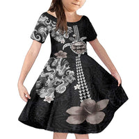 Hawaiian and Japanese Together Family Matching Short Sleeve Bodycon Dress and Hawaiian Shirt Japanese Culture and Turtle Kakau Tattoo Black Color LT03 Daughter's Dress Black - Polynesian Pride