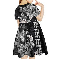 Hawaiian and Japanese Together Kid Short Sleeve Dress Japanese Culture and Turtle Kakau Tattoo Black Color LT03 - Polynesian Pride