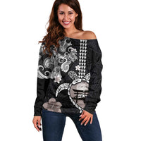 Hawaiian and Japanese Together Off Shoulder Sweater Japanese Culture and Turtle Kakau Tattoo Black Color LT03 Women Black - Polynesian Pride