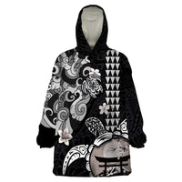 Hawaiian and Japanese Together Wearable Blanket Hoodie Japanese Culture and Turtle Kakau Tattoo Black Color LT03 One Size Black - Polynesian Pride