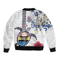 Hawaiian and Japanese Together Bomber Jacket Japanese Culture and Turtle Kakau Tattoo White Color LT03 - Polynesian Pride