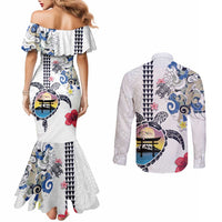 Hawaiian and Japanese Together Couples Matching Mermaid Dress and Long Sleeve Button Shirt Japanese Culture and Turtle Kakau Tattoo White Color