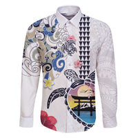 Hawaiian and Japanese Together Family Matching Off The Shoulder Long Sleeve Dress and Hawaiian Shirt Japanese Culture and Turtle Kakau Tattoo White Color LT03 Dad's Shirt - Long Sleeve White - Polynesian Pride