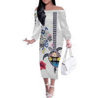 Hawaiian and Japanese Together Family Matching Off The Shoulder Long Sleeve Dress and Hawaiian Shirt Japanese Culture and Turtle Kakau Tattoo White Color LT03 Mom's Dress White - Polynesian Pride