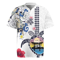 Hawaiian and Japanese Together Rugby Jersey Japanese Culture and Turtle Kakau Tattoo White Color LT03 White - Polynesian Pride