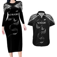 New Zealand Rugby Custom Couples Matching Long Sleeve Bodycon Dress and Hawaiian Shirt Aotearoa Armour Blacks Silver Ferns LT03 Black - Polynesian Pride