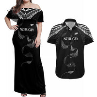 New Zealand Rugby Custom Couples Matching Off Shoulder Maxi Dress and Hawaiian Shirt Aotearoa Armour Blacks Silver Ferns LT03 Black - Polynesian Pride
