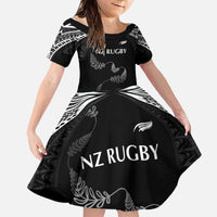 New Zealand Rugby Custom Family Matching Off The Shoulder Long Sleeve Dress and Hawaiian Shirt Aotearoa Armour Blacks Silver Ferns LT03 Daughter's Dress Black - Polynesian Pride