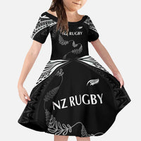 New Zealand Rugby Custom Family Matching Off Shoulder Maxi Dress and Hawaiian Shirt Aotearoa Armour Blacks Silver Ferns LT03 Daughter's Dress Black - Polynesian Pride