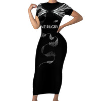 New Zealand Rugby Custom Family Matching Short Sleeve Bodycon Dress and Hawaiian Shirt Aotearoa Armour Blacks Silver Ferns LT03 Mom's Dress Black - Polynesian Pride