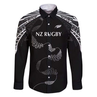 New Zealand Rugby Custom Family Matching Tank Maxi Dress and Hawaiian Shirt Aotearoa Armour Blacks Silver Ferns LT03 Dad's Shirt - Long Sleeve Black - Polynesian Pride