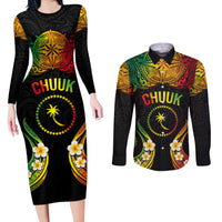 Personalised Chuuk Independence Day Couples Matching Long Sleeve Bodycon Dress and Long Sleeve Button Shirt Polynesian Tattoo and Plumeria Reggae Color LT03 Reggae - Polynesian Pride