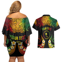 Personalised Chuuk Independence Day Couples Matching Off Shoulder Short Dress and Hawaiian Shirt Polynesian Tattoo and Plumeria Reggae Color LT03 - Polynesian Pride