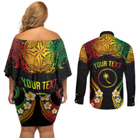 Personalised Chuuk Independence Day Couples Matching Off Shoulder Short Dress and Long Sleeve Button Shirt Polynesian Tattoo and Plumeria Reggae Color LT03 - Polynesian Pride