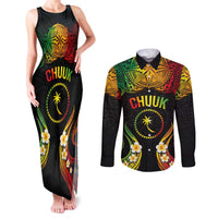 Personalised Chuuk Independence Day Couples Matching Tank Maxi Dress and Long Sleeve Button Shirt Polynesian Tattoo and Plumeria Reggae Color LT03 Reggae - Polynesian Pride