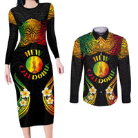 Personalised New Caledonia Independence Day Couples Matching Long Sleeve Bodycon Dress and Long Sleeve Button Shirt Polynesian Tattoo and Plumeria Reggae Color LT03 Reggae - Polynesian Pride