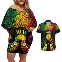 Personalised New Caledonia Independence Day Couples Matching Off Shoulder Short Dress and Hawaiian Shirt Polynesian Tattoo and Plumeria Reggae Color LT03 Reggae - Polynesian Pride
