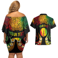 Personalised New Caledonia Independence Day Couples Matching Off Shoulder Short Dress and Hawaiian Shirt Polynesian Tattoo and Plumeria Reggae Color LT03 - Polynesian Pride
