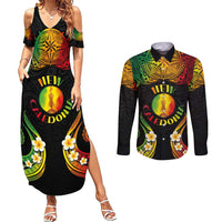 Personalised New Caledonia Independence Day Couples Matching Summer Maxi Dress and Long Sleeve Button Shirt Polynesian Tattoo and Plumeria Reggae Color LT03 Reggae - Polynesian Pride