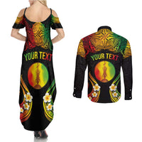Personalised New Caledonia Independence Day Couples Matching Summer Maxi Dress and Long Sleeve Button Shirt Polynesian Tattoo and Plumeria Reggae Color LT03 - Polynesian Pride