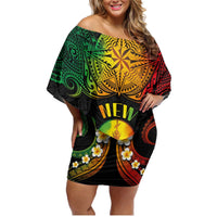 Personalised New Caledonia Independence Day Family Matching Off Shoulder Short Dress and Hawaiian Shirt Polynesian Tattoo and Plumeria Reggae Color LT03 Mom's Dress Reggae - Polynesian Pride