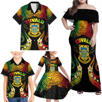 Personalised Tuvalu Independence Day Family Matching Off Shoulder Maxi Dress and Hawaiian Shirt Polynesian Tattoo and Plumeria Reggae Color LT03 - Polynesian Pride