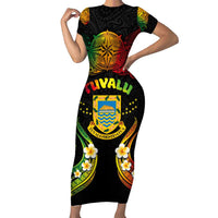 Personalised Tuvalu Independence Day Family Matching Short Sleeve Bodycon Dress and Hawaiian Shirt Polynesian Tattoo and Plumeria Reggae Color LT03 Mom's Dress Reggae - Polynesian Pride