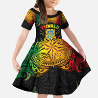 Personalised Tuvalu Independence Day Kid Short Sleeve Dress Polynesian Tattoo and Plumeria Reggae Color