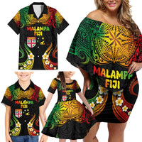 Personalised Malampa Fiji Day Family Matching Off Shoulder Short Dress and Hawaiian Shirt Polynesian Tattoo and Plumeria Reggae Color LT03 - Polynesian Pride