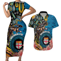 Fiji and Australia Kangaroos Couples Matching Short Sleeve Bodycon Dress and Hawaiian Shirt Indigenous Aboriginal and Fijian Masi Tribal Tattoo LT03 Blue - Polynesian Pride
