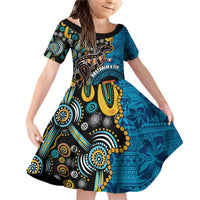 Fiji and Australia Kangaroos Family Matching Off Shoulder Short Dress and Hawaiian Shirt Indigenous Aboriginal and Fijian Masi Tribal Tattoo LT03 Daughter's Dress Blue - Polynesian Pride