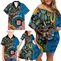 Fiji and Australia Kangaroos Family Matching Off Shoulder Short Dress and Hawaiian Shirt Indigenous Aboriginal and Fijian Masi Tribal Tattoo LT03 - Polynesian Pride