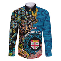 Fiji and Australia Kangaroos Family Matching Off Shoulder Short Dress and Hawaiian Shirt Indigenous Aboriginal and Fijian Masi Tribal Tattoo LT03 Dad's Shirt - Long Sleeve Blue - Polynesian Pride