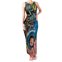 Fiji and Australia Kangaroos Family Matching Tank Maxi Dress and Hawaiian Shirt Indigenous Aboriginal and Fijian Masi Tribal Tattoo LT03 Mom's Dress Blue - Polynesian Pride
