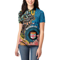 Fiji and Australia Kangaroos Women Polo Shirt Indigenous Aboriginal and Fijian Masi Tribal Tattoo LT03 - Polynesian Pride