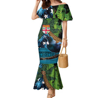 Fiji and New Zealand Tui Bird Family Matching Mermaid Dress and Hawaiian Shirt Koru Fern Leafs and Palm Tree With Plumeria