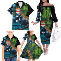 Fiji and New Zealand Tui Bird Family Matching Off The Shoulder Long Sleeve Dress and Hawaiian Shirt Koru Fern Leafs and Palm Tree With Plumeria LT03 - Polynesian Pride