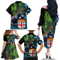 Fiji and New Zealand Tui Bird Family Matching Off The Shoulder Long Sleeve Dress and Hawaiian Shirt Koru Fern Leafs and Palm Tree With Plumeria LT03 - Polynesian Pride