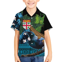 Fiji and New Zealand Tui Bird Family Matching Off The Shoulder Long Sleeve Dress and Hawaiian Shirt Koru Fern Leafs and Palm Tree With Plumeria LT03 Son's Shirt Blue - Polynesian Pride