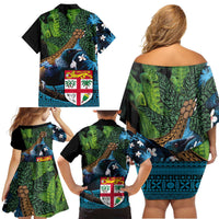Fiji and New Zealand Tui Bird Family Matching Off Shoulder Short Dress and Hawaiian Shirt Koru Fern Leafs and Palm Tree With Plumeria LT03 - Polynesian Pride