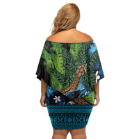 Fiji and New Zealand Tui Bird Family Matching Off Shoulder Short Dress and Hawaiian Shirt Koru Fern Leafs and Palm Tree With Plumeria LT03 - Polynesian Pride